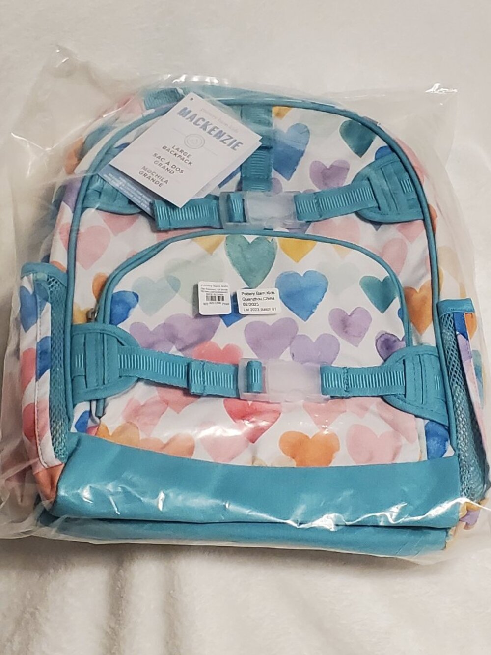 POTTERY BARN KIDS AQUA RAINBOW HEARTS LARGE MACKENZIE Backpack NWT! HTF!